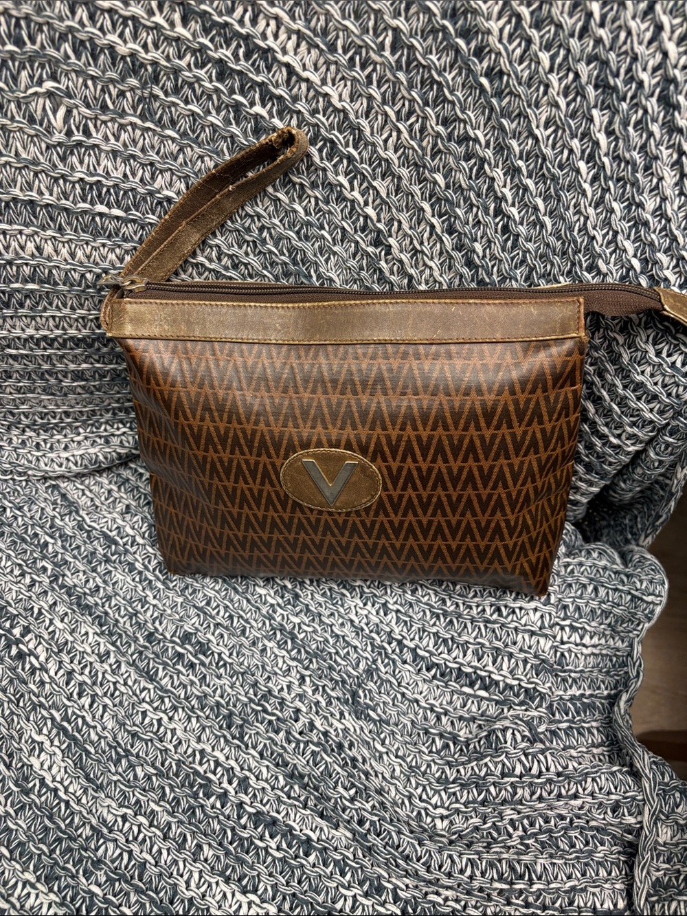 Valentino Brown Monogram Wristlet Clutch with Gold V Logo